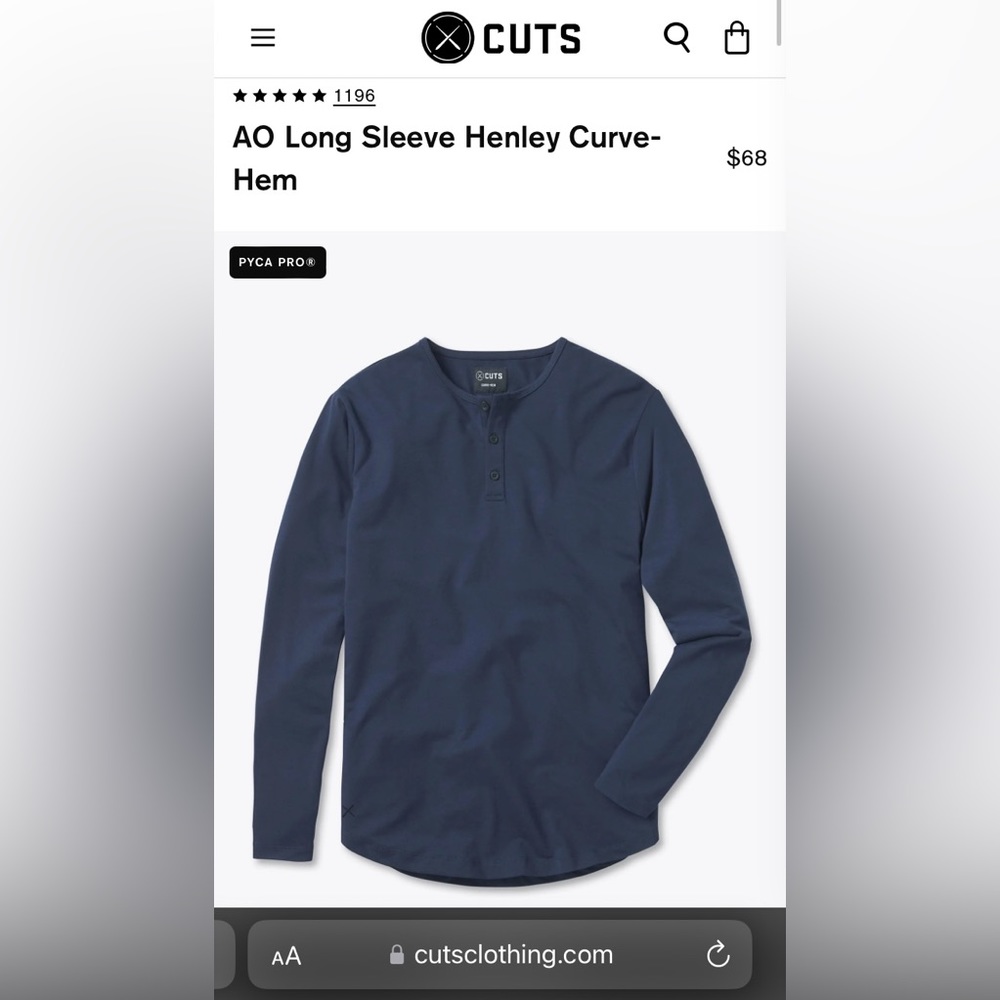 NWT Cuts Clothing Men’s “AO” Long Sleeve Henley Curve-Hem Pacific Blue, Size XL